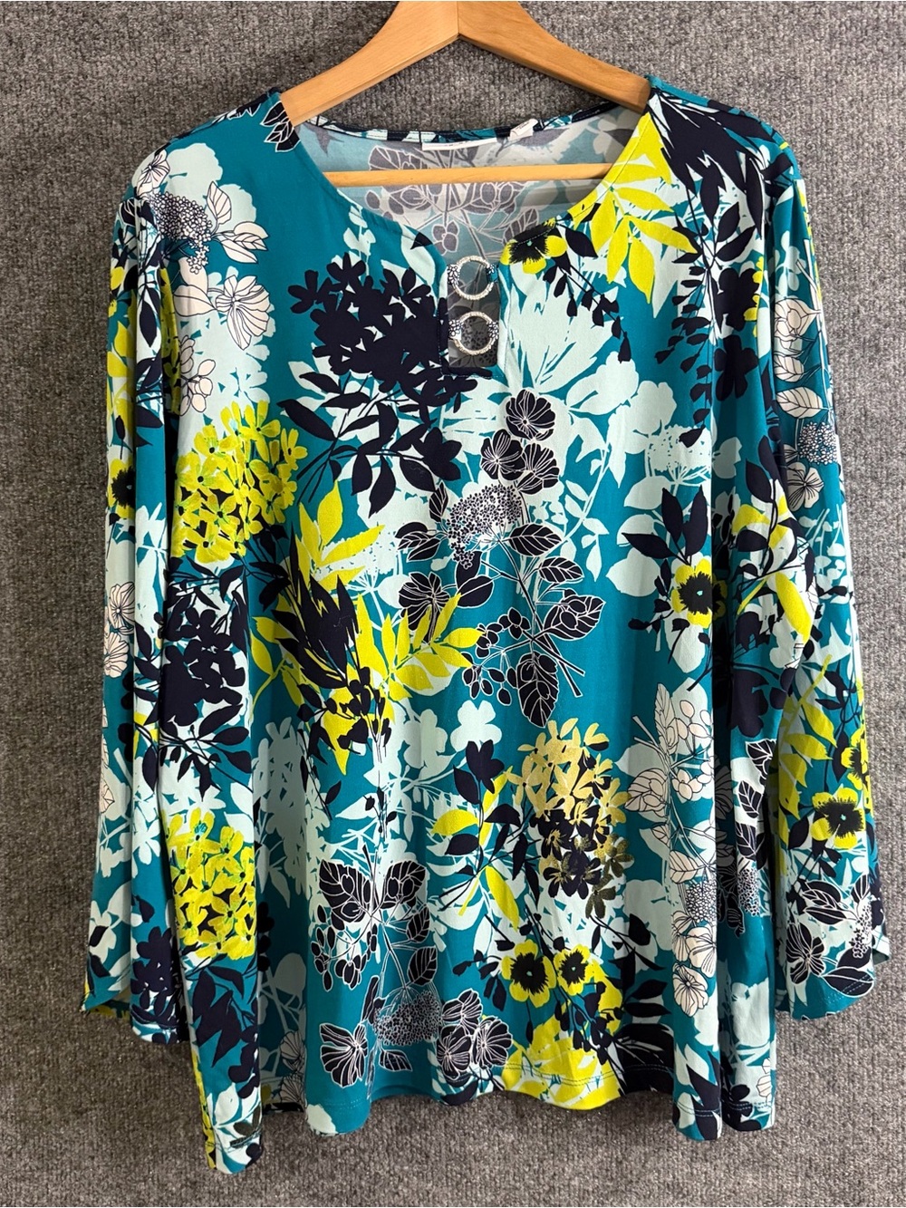 Susan Graver Womens XL Liquid Knit Teal Floral Keyhole Ring Neck Tunic Top